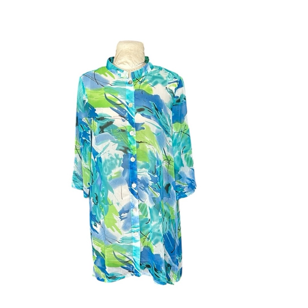 Ulla Popken Semi-Sheer Chiffon Button Down Tunic Swim Cover Up Blue/Green 20/22